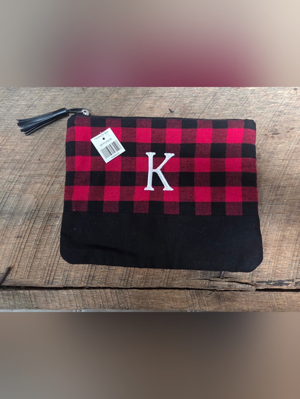NWT Buffalo Check Monogram Pouch - Red/Black - Monogram K - Makeup ~ Bin TT